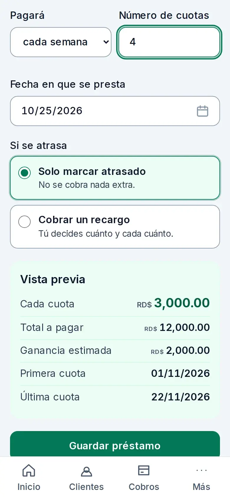 Formulario de nuevo préstamo con la vista previa de la cuota, el total a pagar y la ganancia estimada